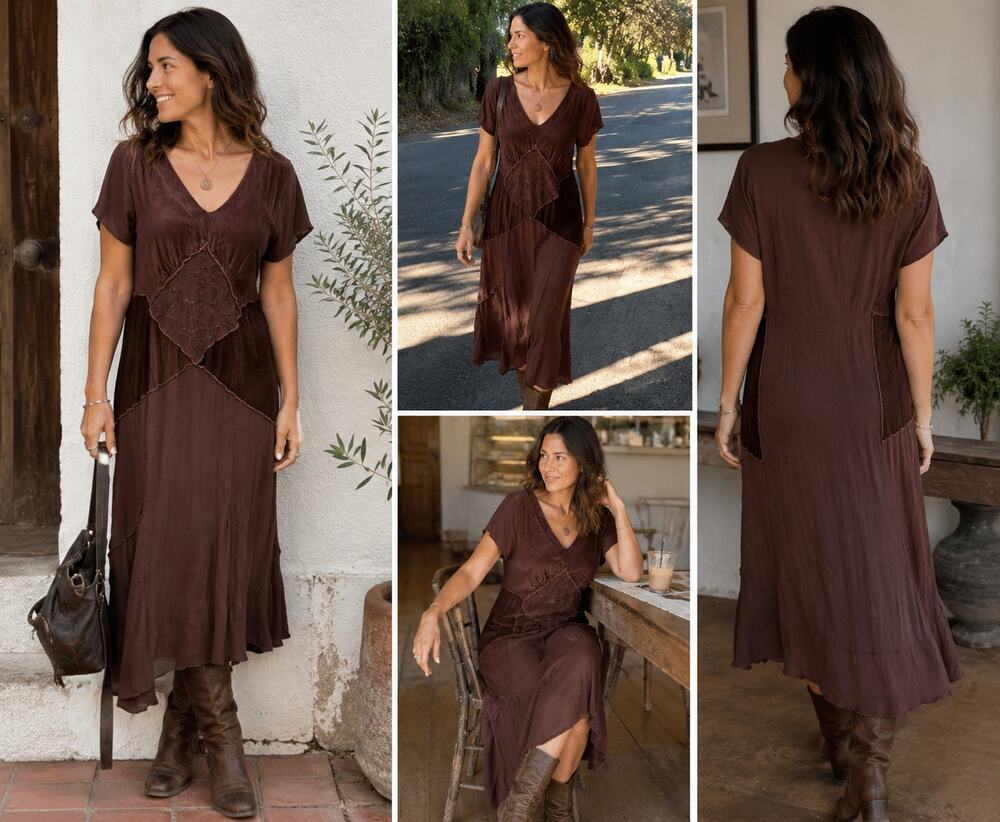 Nooshin Femme Linen Blend Boho Midi Dress Made USA Lagenlook Brown Women's M NWT